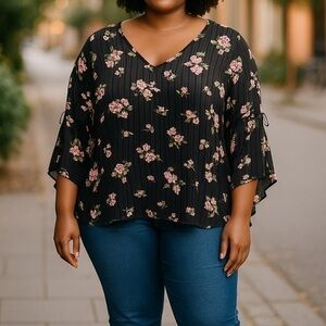 Roz & Ali floral lace-up sleeve v-neck blouse